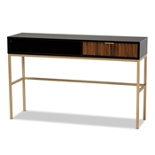Baxton Studio Uriel Mid-Century Modern Transitional Two-Tone Natural Brown and Black Finished Wood and Brushed Gold Metal 1-Drawer Console Table